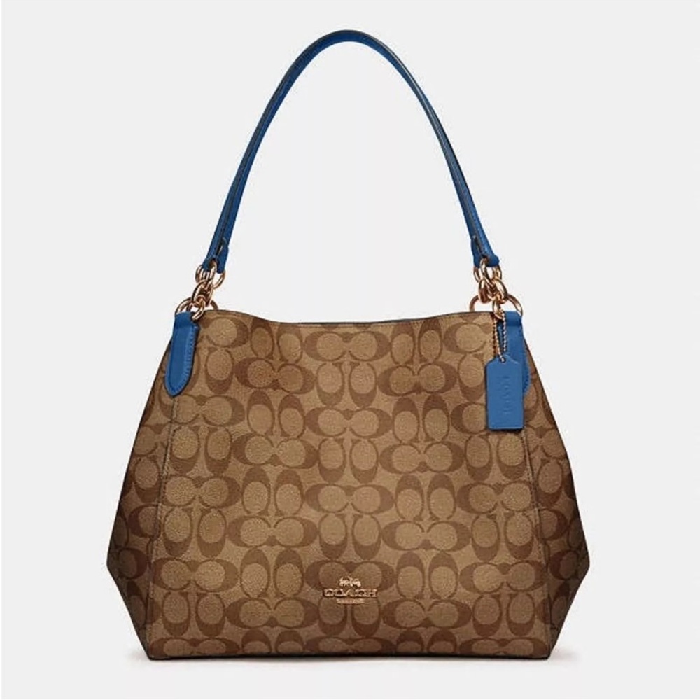Coach Tan and Dark Denim Shoulder Bag with gold Monogram Pattern
